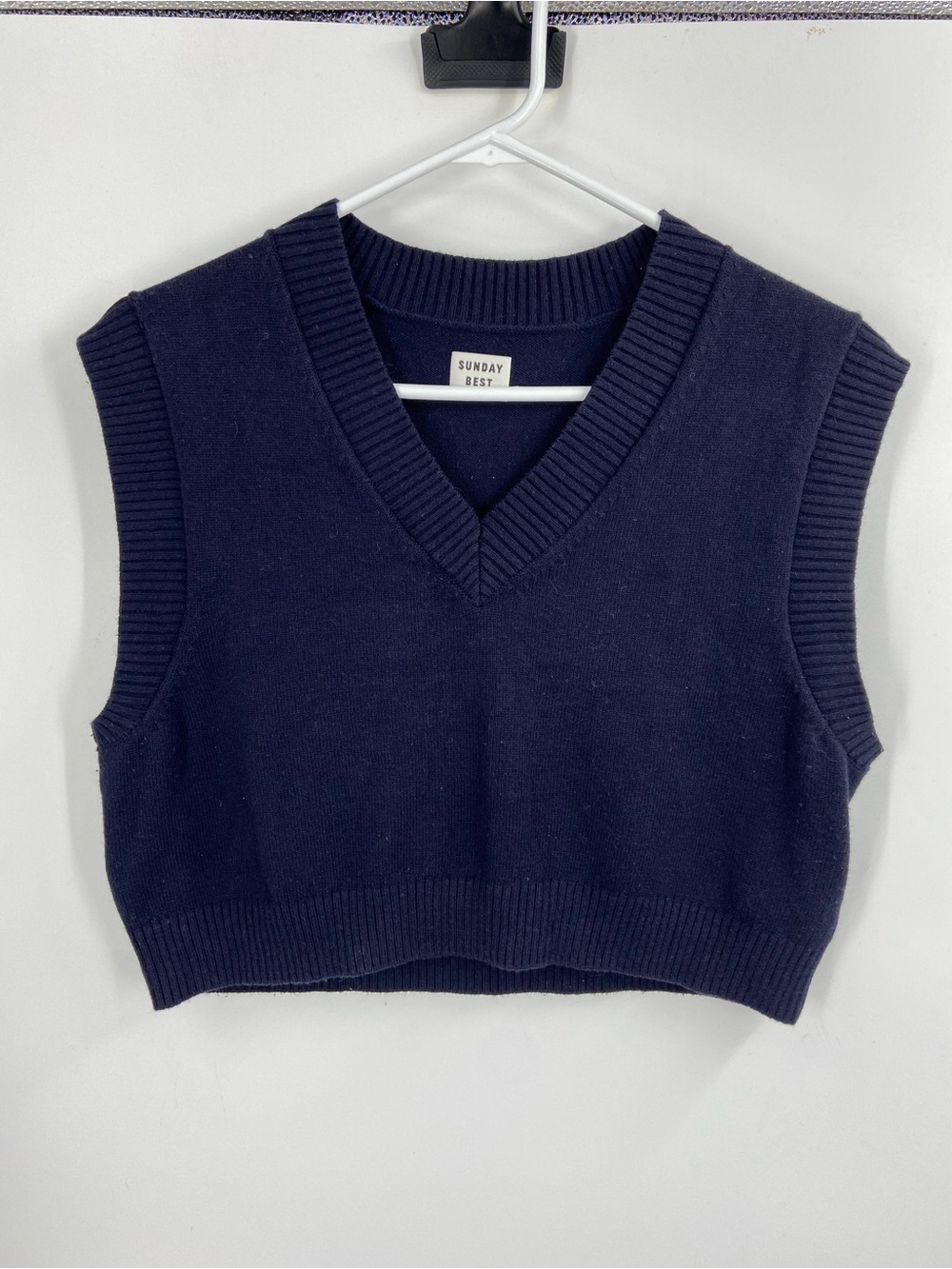 Aritzia Sunday Best Cropped Sweater Vest Navy Blue Medium Merino Blend